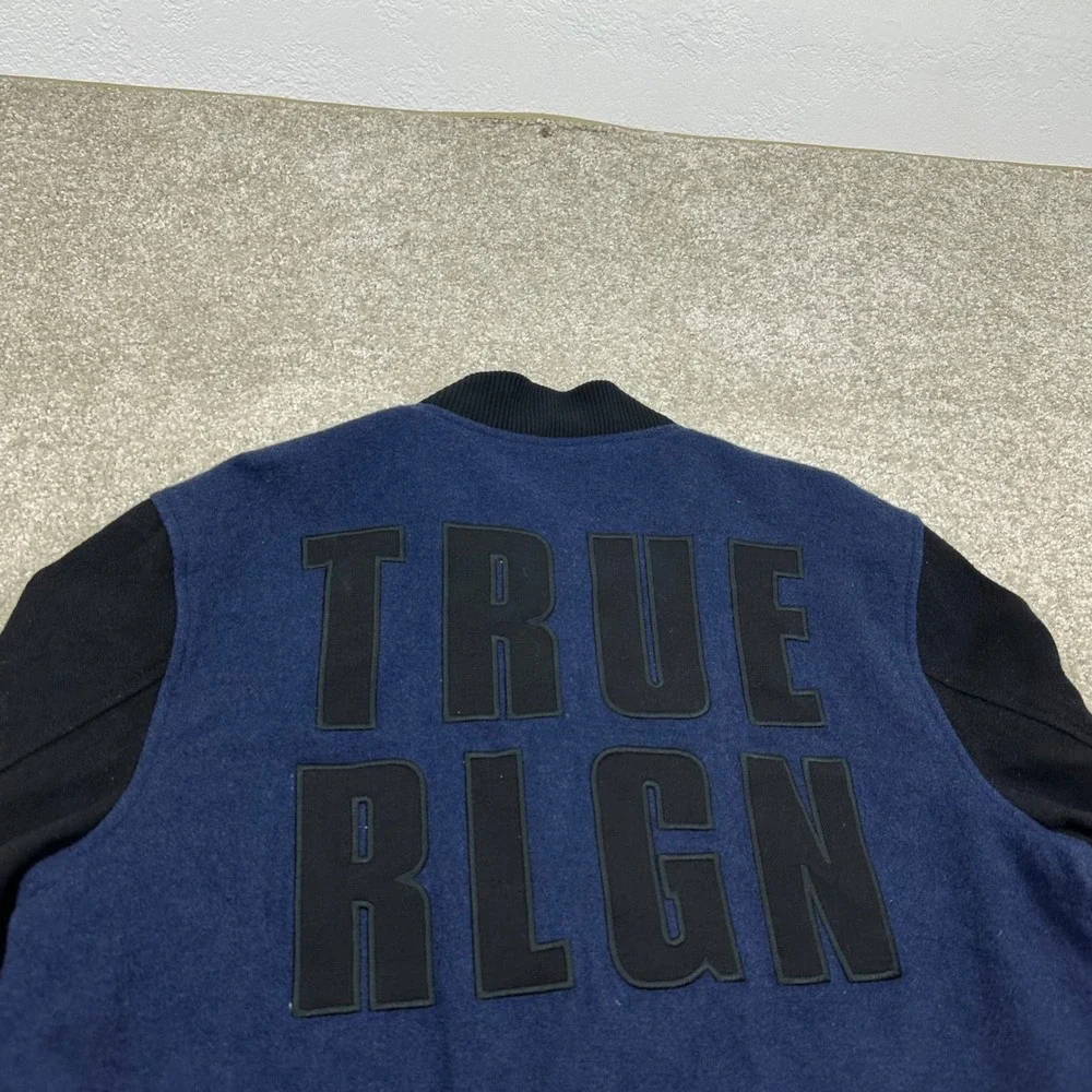 True Religion Mens Wool Blend Varsity Bomber Jacket Navy Black XL TRUE RLGN Logo